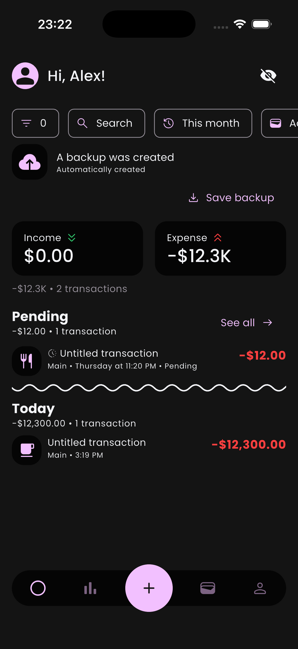 Pending transactions screen with a list of upcoming transactions awaiting approval.